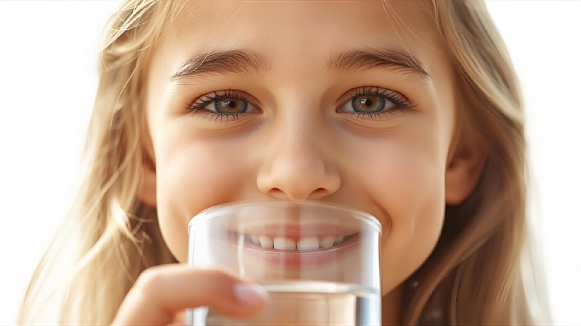 Child drinking a glass of clear filtered tap water in an Orange County home